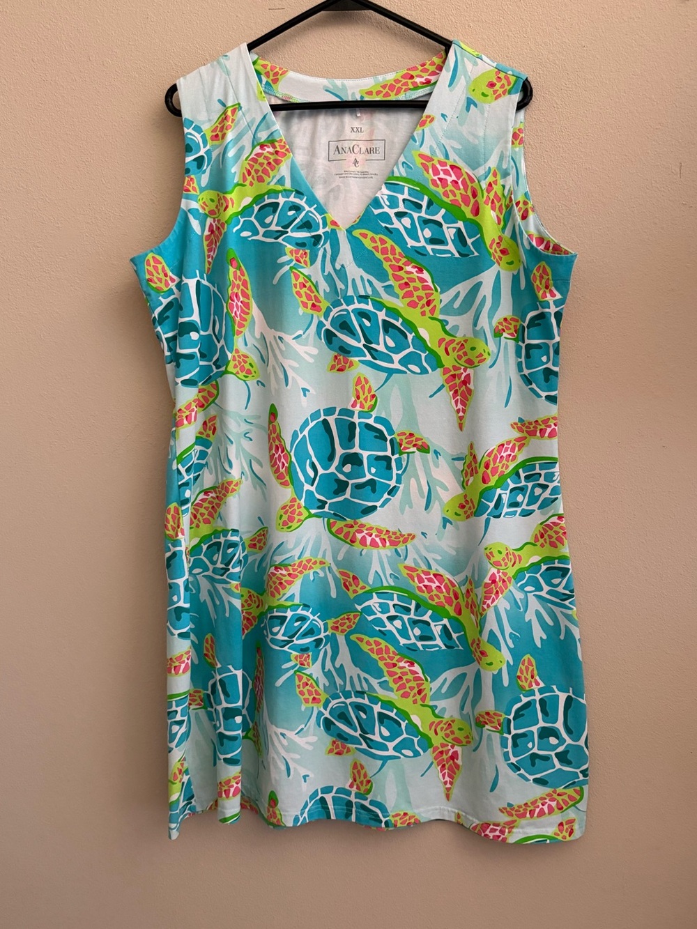 Ana Clare Sleeveless V Neck Shift Dress Sea Turtle Print Size XXL
